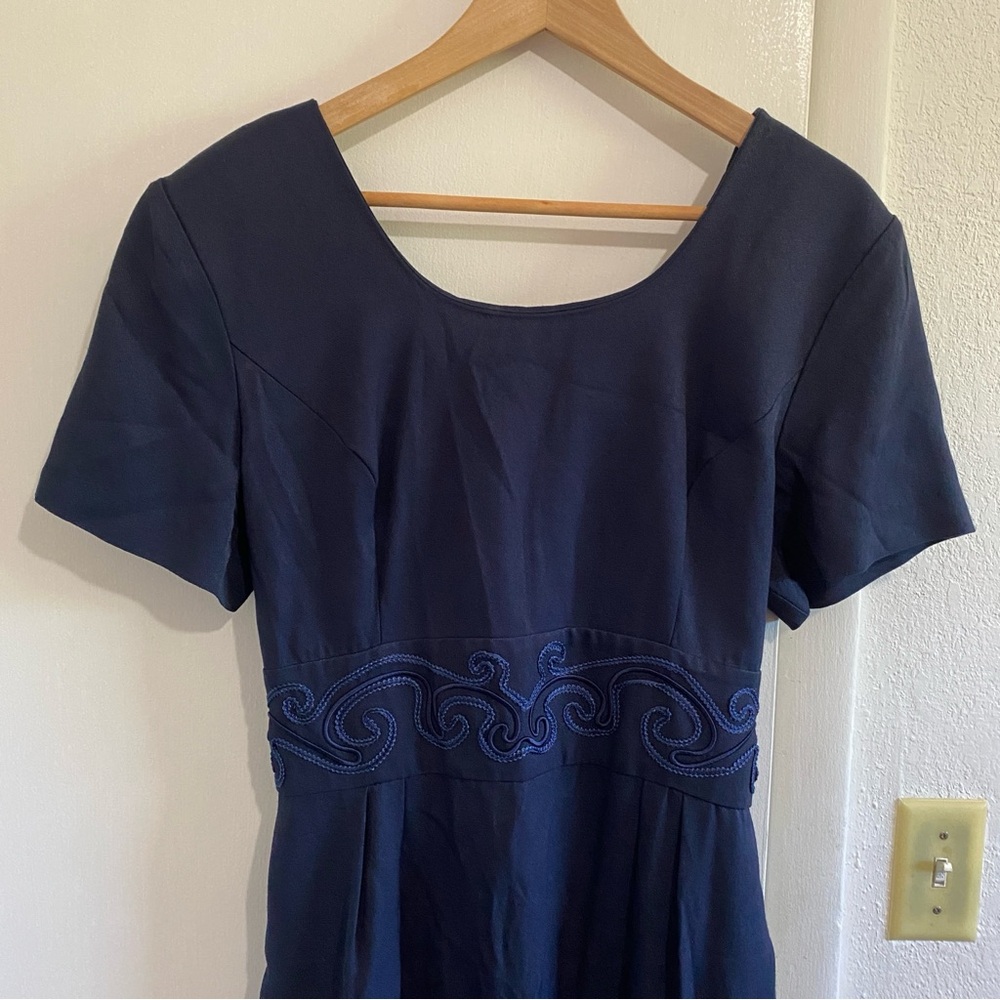 John Roberts Women's Vintage Dress Size 14 Navy Blue Embroidered-detail Waist - Picture 2 of 9